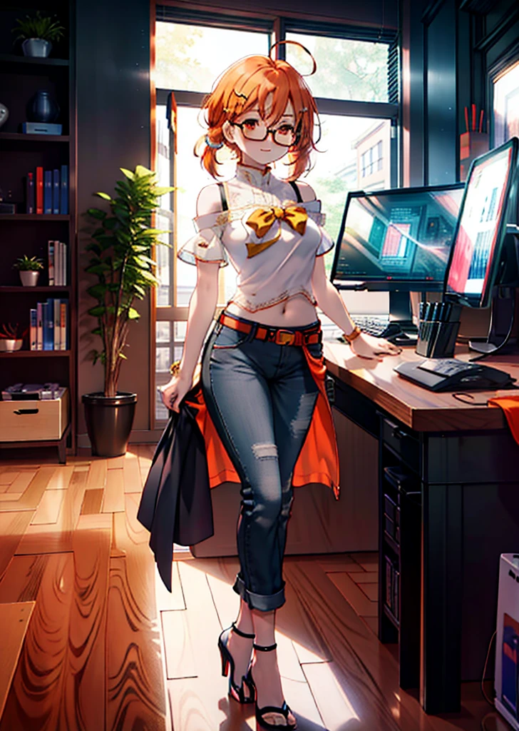 Takahai Chige,Orange Hair,Red eyes,smile,Long Hair,Ahoge,Cold Shoulder Shirt,Short sleeve,skinny pants,Stiletto heels,Black-rimmed glasses,interior,There is a computer on the table,Walking,whole bodyがイラストに入るように,Daytime,Clear skies,　　　　 　　　　　　　　　　　　break indoors, office, 　　　　　　　　　　　break looking at viewer, whole body, 　　　　　　　　break (masterpiece:1.2), Highest quality, High resolution, unity 8k wallpaper, (shape:0.8), (Beautiful attention to detail:1.6), Highly detailed face, Perfect lighting, Extremely detailed CG, (Perfect hands, Perfect Anatomy),