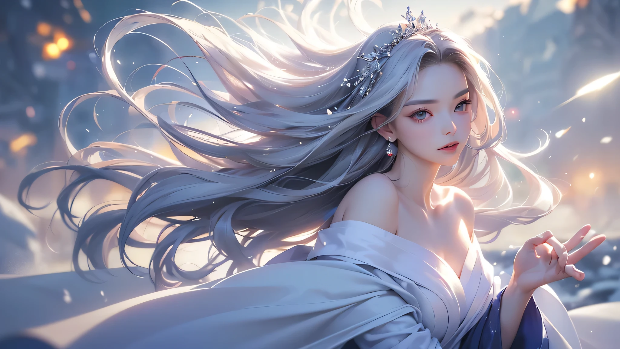 ((masterpiece:1.5、8k、Portraiture、フォトリアリスティックでVery detailedなCG、Very detailed、Particle Effects、Dynamic Effects、Shallow depth of field、Cinematic Light、Lens flare、Ray Tracing、Tabletop、Realistic:1.4、Ultra-high resolution:1.2、Realistic、Realistic))((alone、1 girl,A woman wearing a cashmere coat over an off-the-shoulder dress:1.4、Elegant woman posing、Look Up、Detailed face、bright表情、young, bright, Whiter skin、small breasts、Best Looks、Ultimate beauty、Shiny silver hair with highlights、bright and shiny hair,、Super long, Silky straight hair、Hair dancing in the wind))(morning、The setting is outdoors in the snow、Surrounded by illuminations)Wear warm clothes
