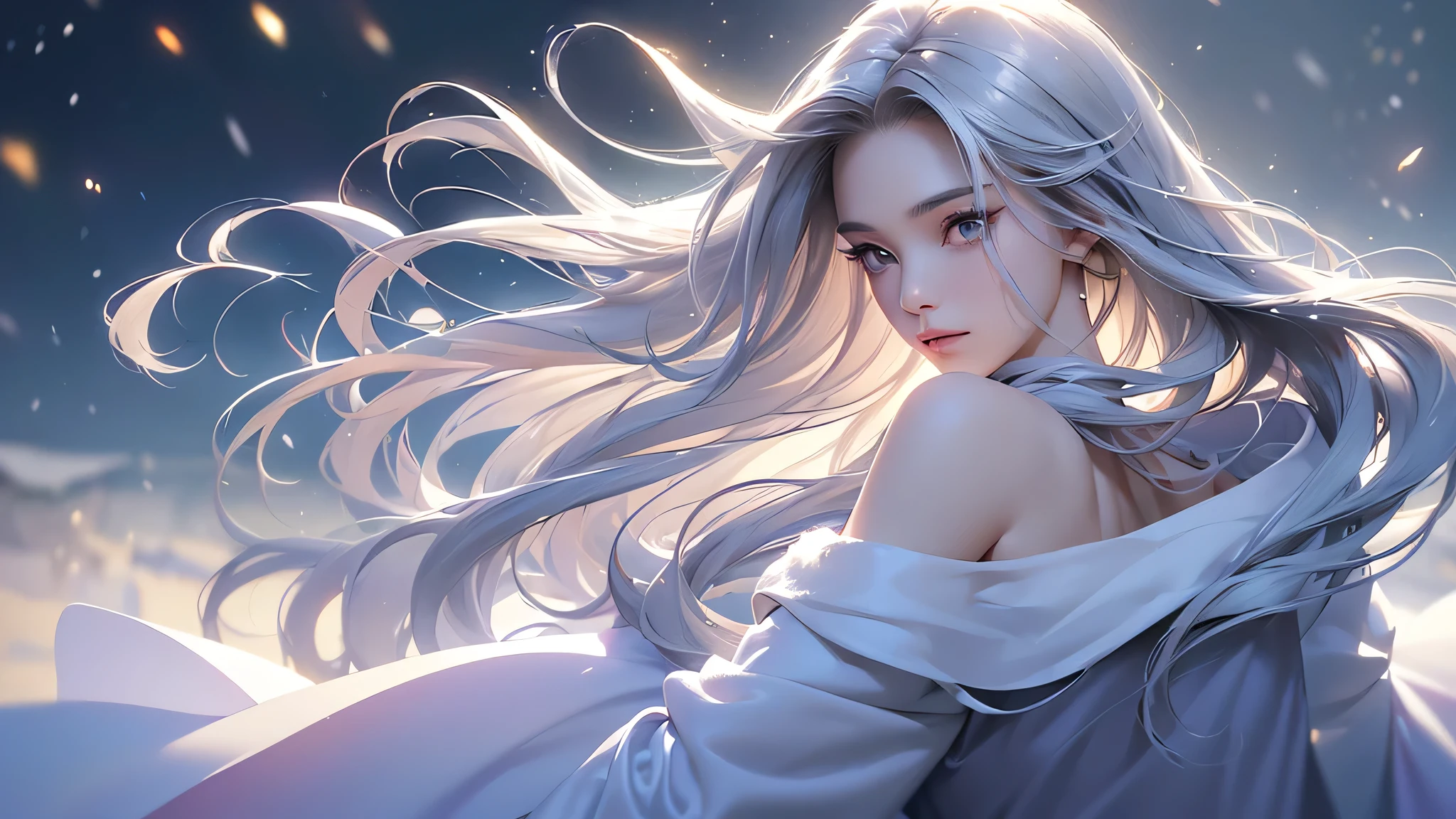 ((masterpiece:1.5、8k、Portraiture、Photorealistic and very detailed CG、Very detailed、Particle Effects、Dynamic Effects、Shallow depth of field、Cinematic Light、Lens flare、Ray Tracing、Tabletop、Realistic:1.4、Ultra-high resolution:1.2、Realistic、Realistic))((alone、1 girl,A woman wearing a cashmere coat over an off-the-shoulder dress:1.4、Elegant woman posing、Detailed face、brightexpression、young, bright, Whiter skin、Ample breasts、Best Looks、Ultimate beauty、Shiny silver hair with highlights、bright and shiny hair,、Super long, Silky straight hair、Hair dancing in the wind))(morning、The setting is outdoors in the snow、Surrounded by illuminations)Wear warm clothes