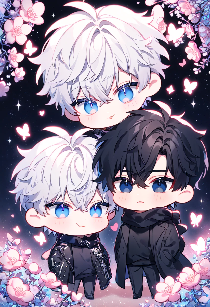 absurdres, highres, ultra detailed, HDR, master piece, best quality, extremely detailed face, delicated features, Kang Woojin chibi, black hair, messy hair, expressive dark blue eyes, Love Jinx, Gojou Satoru chibi, white hair, expressive blue eyes, white eyelashes, two boys together, gay couple, yaoi, cute, black coat, black sweater, black scarf, fantasy, magical, radiant, blossoms, pink flowers, pink butterflies, starry night, shining pink moon
