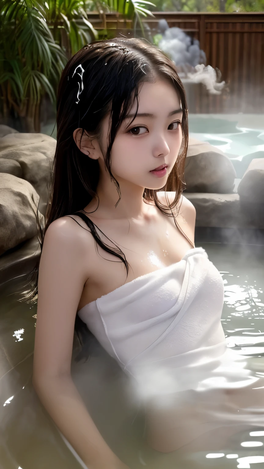 ((Beautiful Japanese Girl))、(Japanese Model), (Japanese women)、((Beautiful  girl))、((Jr.Idol))、(Black Hair)、(Random Hairstyles)、(Sexy look)、((whole body))、((Flat chest、Small breasts))、(immature body shape)、(whole body光沢肌、Fair skin)、((Wrap a thin white towel around your body.))、((Thin towel(濡れたThin towelを通して彼女の肌が見える))、(濡れたThin towelの上から乳首の形がはっきりわかる)、(濡れたThin towelを通して彼女のオマンコの形がはっきり見える)、((濡れたThin towelが彼女の肌に密着して張り付いています))、(Soft natural light)、((Deep in the forest(Natural hot springs gush out))、((Hot springs surrounded by rocks))、((deep bathtub(deep hot spring))、((Onsen Girls))、((Enter the hot spring))、((A woman warming herself in a hot spring))、((Woman lying down and relaxing in a hot spring))、((Soak in a hot spring))、((腰までSoak in a hot spring))、((寝転んでSoak in a hot spring))、((Sleep in hot springs))、((Soak in a hot spring))、((肩までSoak in a hot spring))、((Extremely clear hot spring water))、((The main body seen from the water surface))、((A hot spring filled with thick steam))、((A lot of steam rises from the hot spring...))