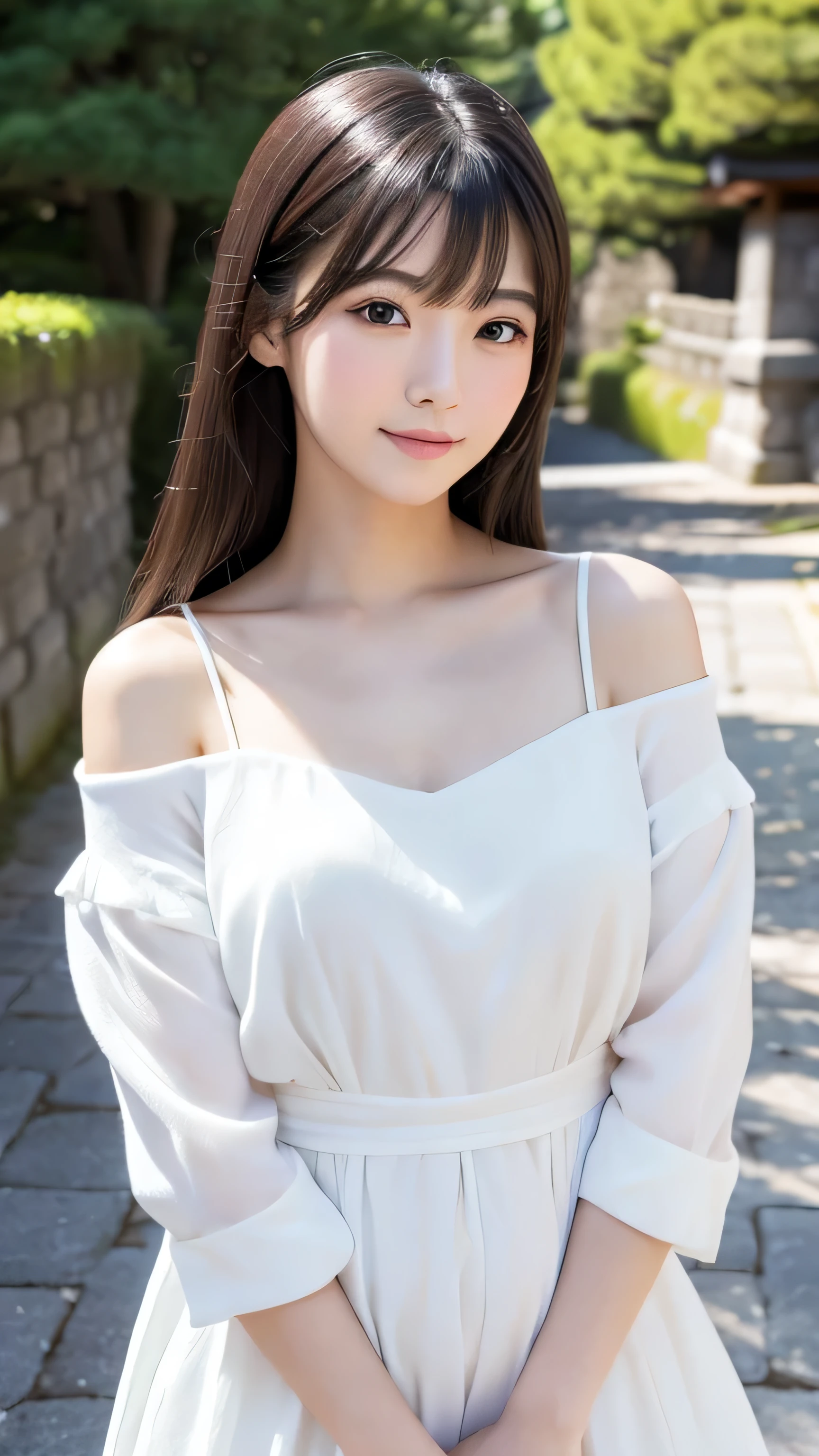 Create an ultra-realistic image of a 21-year-old Japanese woman named Kotone visiting Kanazawa Castle in Ishikawa. She has extremely long, perfectly straight black hair that flows down to her waist, with blunt bangs that cover her forehead. Her eyes are large and have double eyelids with black pupils, giving them a captivating and youthful appearance. Her face is delicate and innocent, with very thin eyebrows. Kotone's skin is smooth and flawless, resembling snow in its pure white color. She has a slender and well-proportioned body with a shapely bust size of 95 cm. Her complexion is flawless, without any wrinkles, and her natural makeup enhances her features subtly. She embodies a perfect balance of youthful charm and mature elegance, with a cute and innocent smile that adds warmth and affection to her appearance. Kotone is wearing a casual yet chic outfit, perfect for sightseeing. She is standing in front of the majestic castle, looking up at its impressive architecture. The lighting is soft and natural, capturing the historical ambiance of the castle grounds.