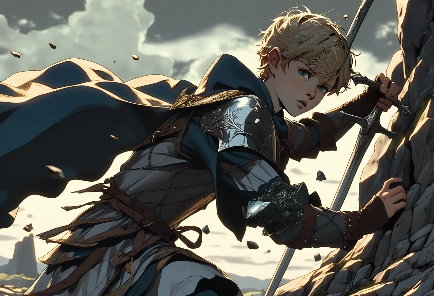 Closeup of a boy King Arthur, pulling Excalibur out of a large boulder stone. Eerie, unsettling, dark, spooky, suspenseful, grim, highly detailed