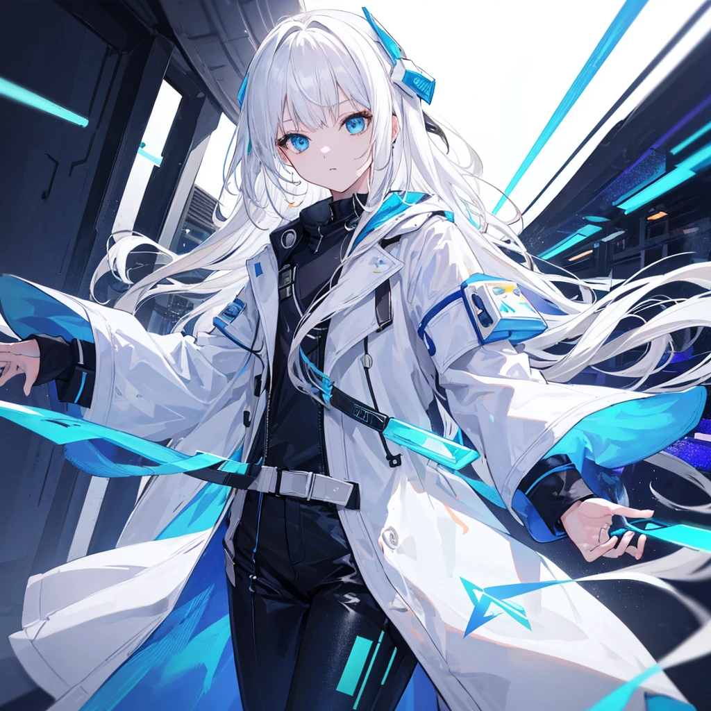 （masterpiece,Highest quality,Anime Style，Ray Tracing，)(Holographic Projection，White Hair，長いWhite Hair，Hair Straightening，Blue Eyes，blue and white trench coat，Futuristic design，Clothing of the future，Solo，Futuristic background，Cowboy Shot
