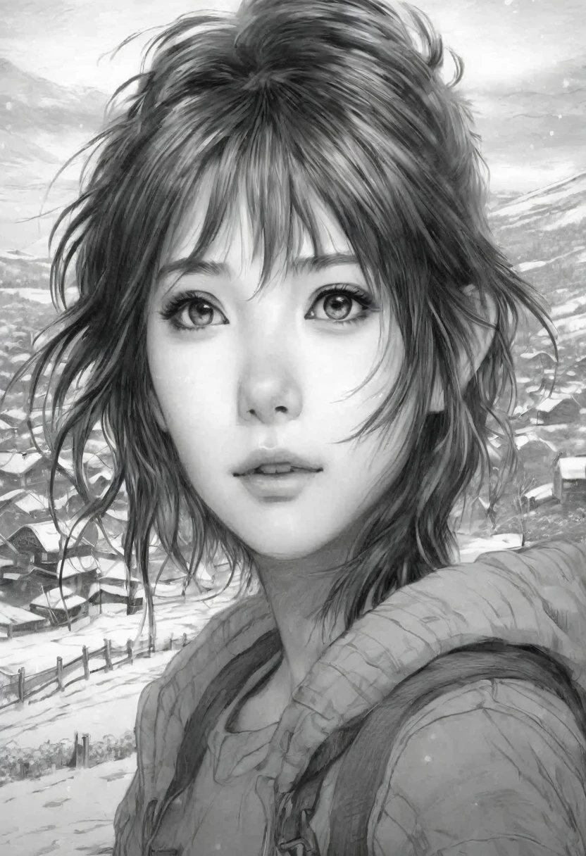 A stunning pencil drawing homage to Makoto Shinkai's "Your Name," featuring a serene winter panorama with snow-covered fields stretching to the horizon. A girl gazes upwards at the brilliant blue sky, her expression reflecting awe and beauty. The scene is filled with twinkling light particles, creating a majestic and high-quality masterpiece.
