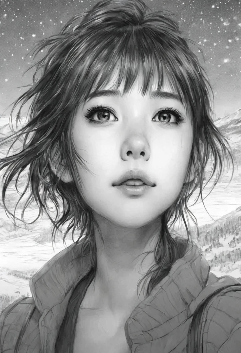 A stunning pencil drawing homage to Makoto Shinkai's "Your Name," featuring a serene winter panorama with snow-covered fields stretching to the horizon. A girl gazes upwards at the brilliant blue sky, her expression reflecting awe and beauty. The scene is filled with twinkling light particles, creating a majestic and high-quality masterpiece.
