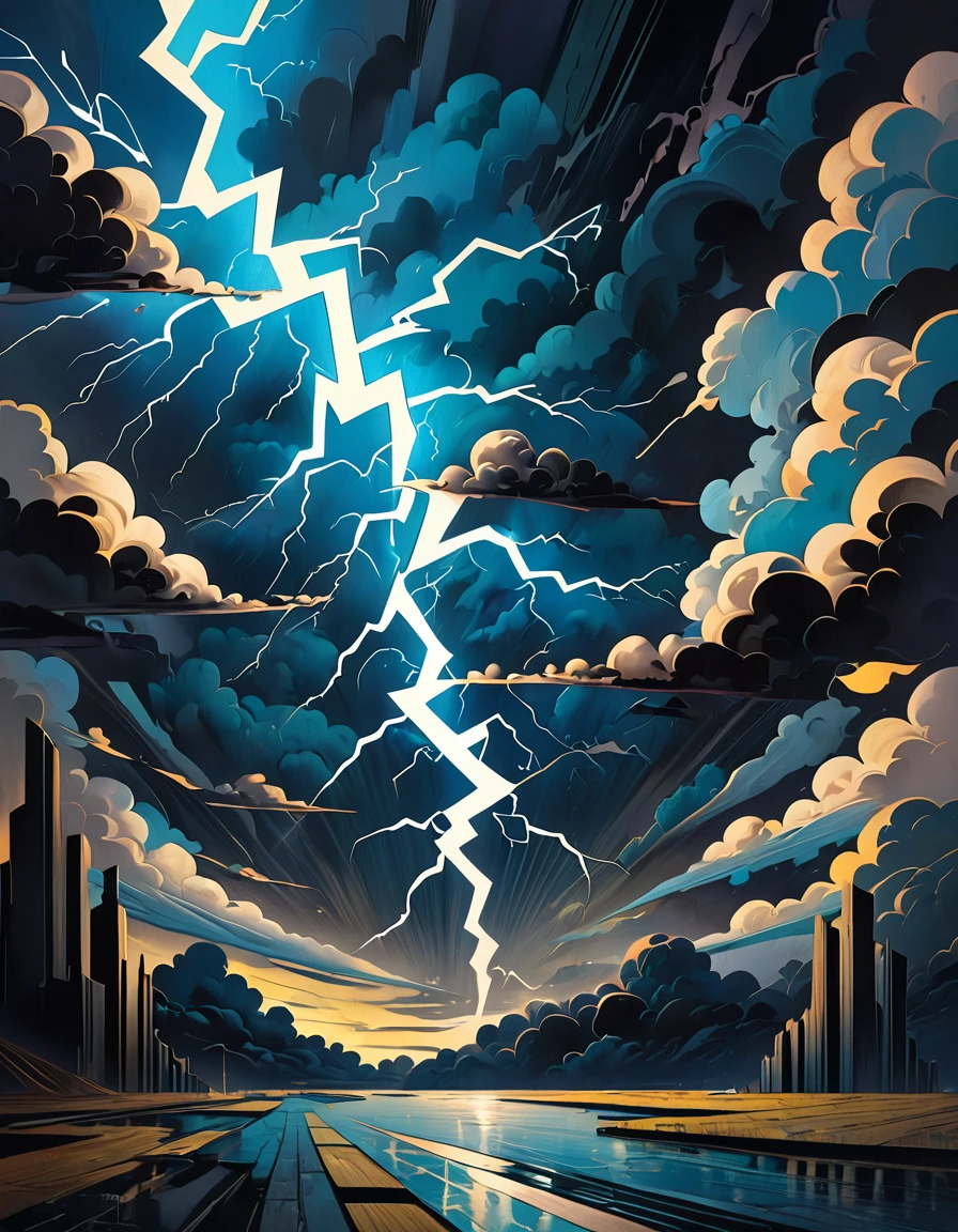 art painting art deco lightning bolt in dark clouds surreal