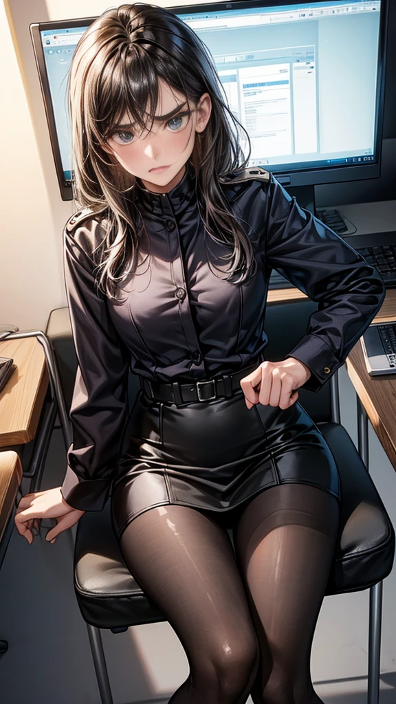 {{masterpiece}}, {{{Highest quality}}},{{Very detailed}},{{{from below}}},{{Female police officer sitting on a chair}}Pencil skirt with slits,Black leggings,Black tights,Small breasts Black underwear、Thin legs long sleeve police uniform,Sitting in a chair in an office with a serious expression,Focus on legs{{{Sitting in a chair in an office with a serious expression成熟した女性}}},{{疲労でSweatをかいている成人女性}},Sweat,Hold the arm with one hand ,sit,{{Blushing}},{{V-shaped eyebrows}}},{{{}},{椅子にsit}},{},, ,{{}},,,{{}},{{}},,Slender body}}{{Female police officer}},,blush,Wrinkles ,amount,Grit your teeth,suffering,v-shaped eyebrows.,Sweat dripping ,get annoyed,,Inside the office,
