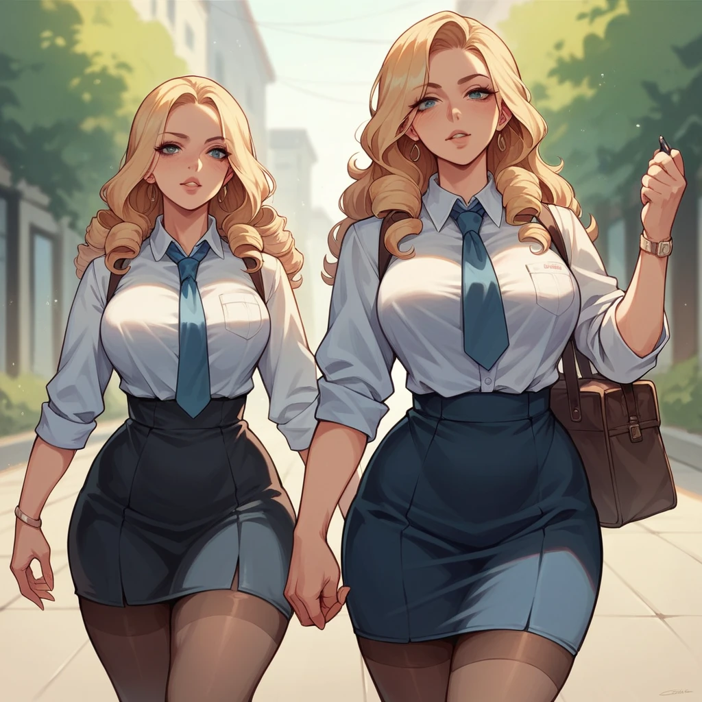 Beautiful woman 25 years old, not very high, long curly light blonde hair, Thin waist, big tits, well-shaped and large hips. She wears a secretary uniform with a tie, is walking down the street