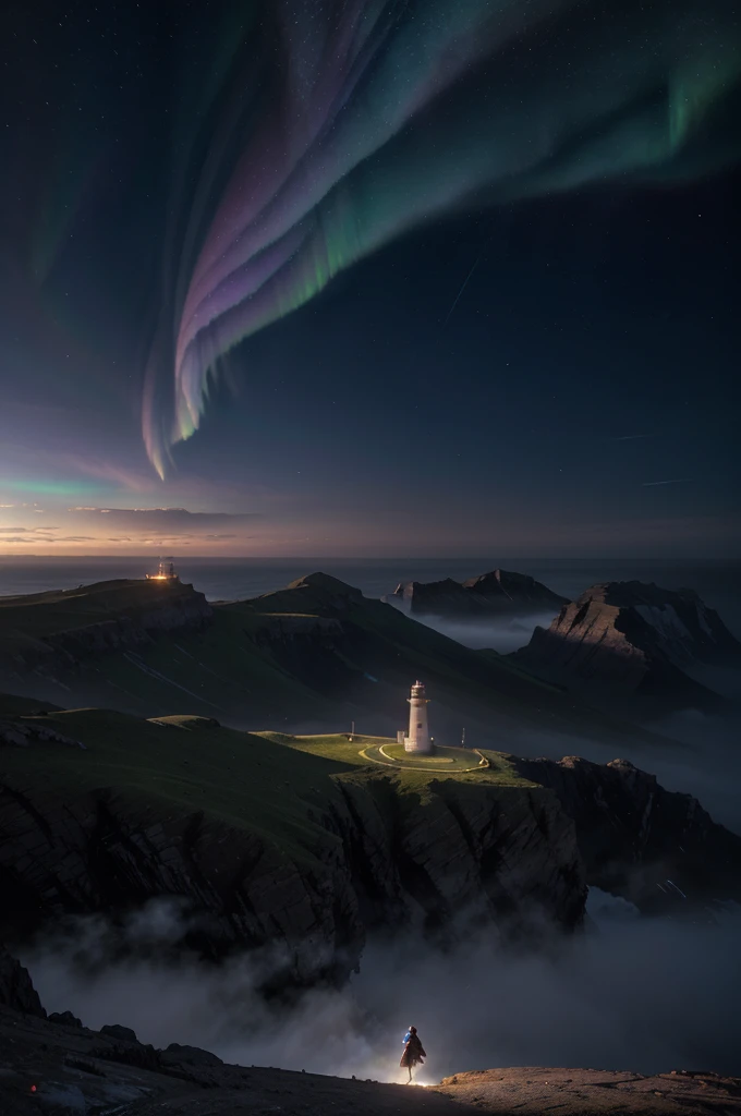 A lighthouse with a bright blue and purple aurora light above it on a cliff, Max Rive, fantasy art by Jessica Rossier, Marc Adamus, Lt. Alexander Kucharsky, beautiful digital artwork, magical colors and atmosphere, amazing wallpaper, beautiful wallpaper, magnificent background, Conceptual art, awesome atmosphere, Lt. Jessica Rossier, beautiful and aesthetic, dream matte painting, incredibly epic images