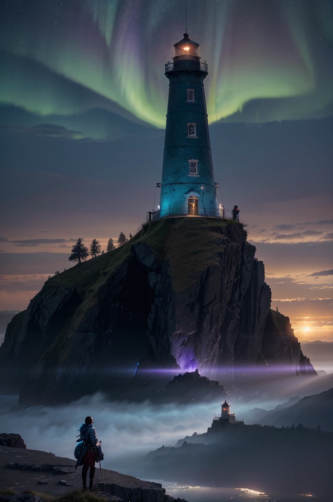A lighthouse with a bright blue and purple aurora light above it on a cliff, Max Rive, fantasy art by Jessica Rossier, Marc Adamus, Lt. Alexander Kucharsky, beautiful digital artwork, magical colors and atmosphere, amazing wallpaper, beautiful wallpaper, magnificent background, Conceptual art, awesome atmosphere, Lt. Jessica Rossier, beautiful and aesthetic, dream matte painting, incredibly epic images