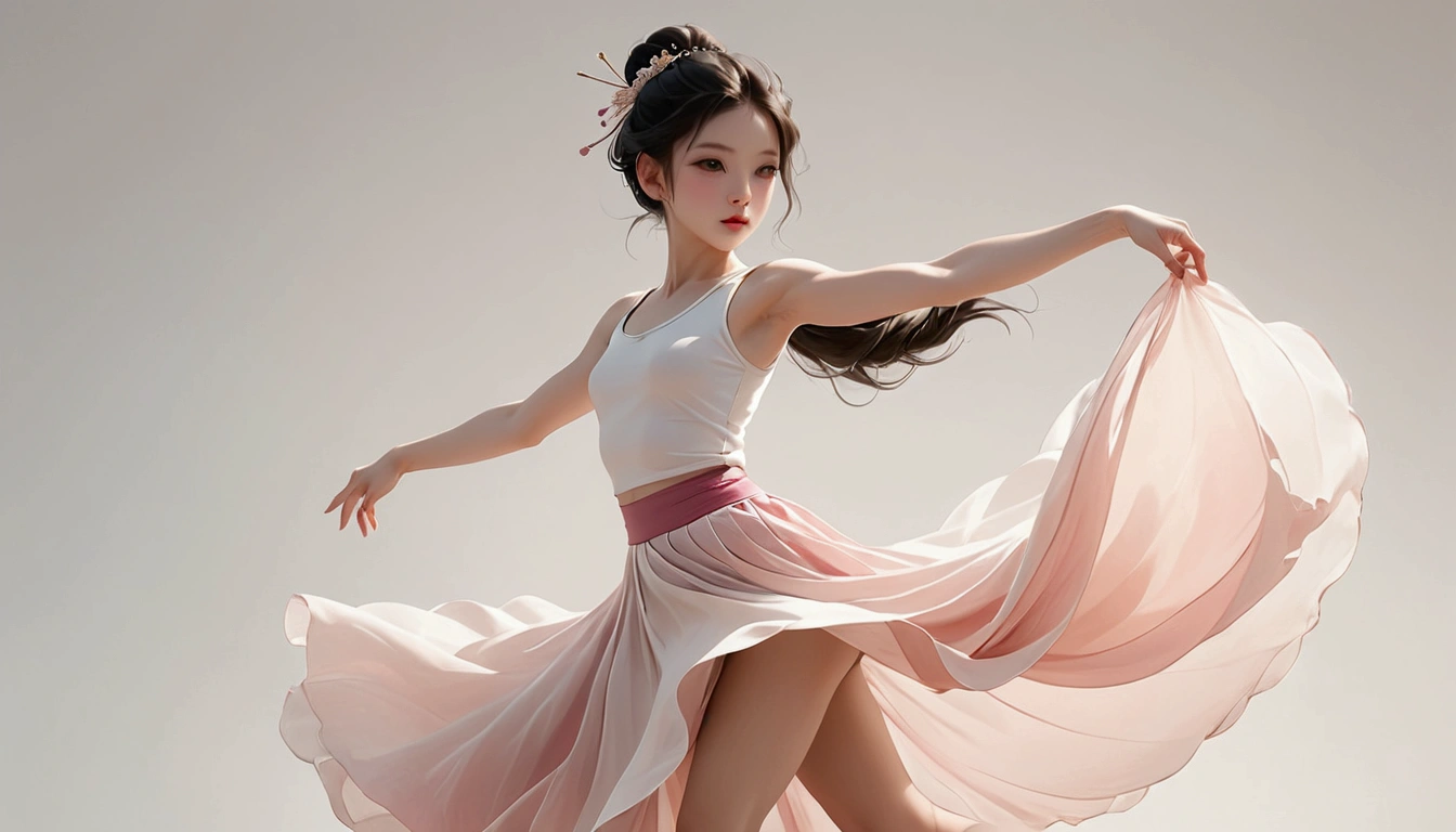 Dance photography；A dancer，Solitary；A little girl in a long skirt（Girl），Chinese style skirt，Pink white gradient，Conservative style，Smudged skirt hem；The movements of the dance；elegant，Flexible skirt，High-rise skirt；Long hair，Long hair披肩。Full body view，front； Simple style；Minimalism。Background of Flatness，Absolute pure color；White background，Pure white background，Low saturation，Gray tone；Panoramic photography；Depth of Field, Extraordinary details, masterpiece, high quality, 4K，cinematic lighting, motion blur, depth of field, sparkle, ray tracing, reflection light, anatomically correct, uhd, textured skin, best quality, super detail, highres, high details, accurate, high quality, award winning