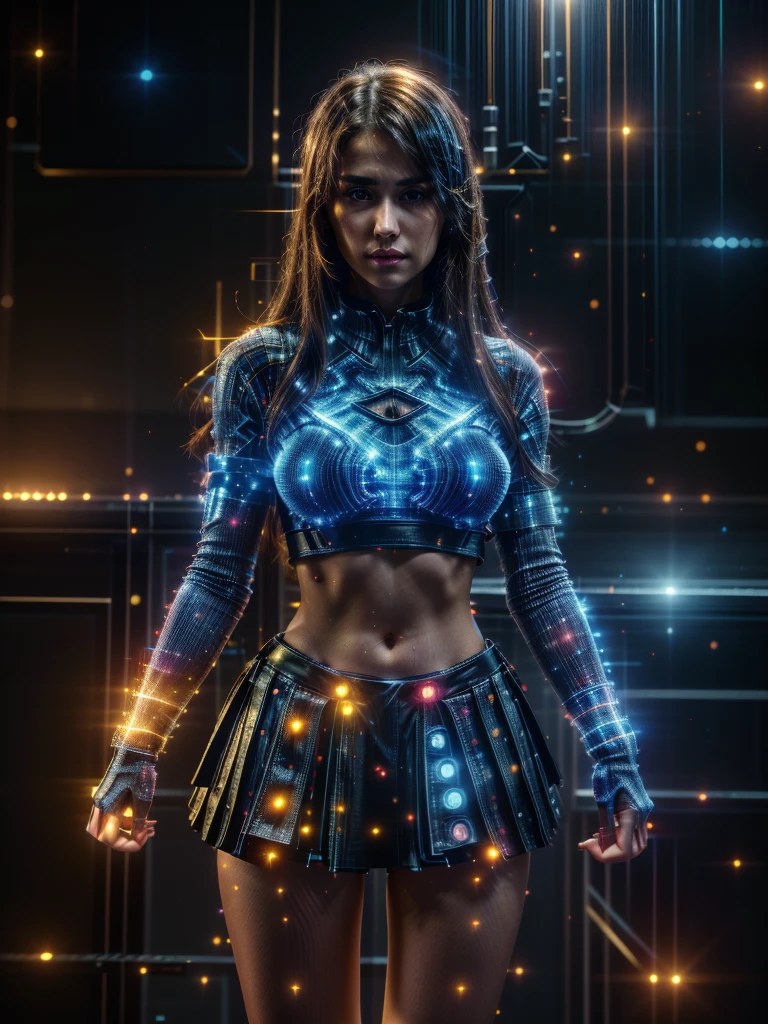 Ultra-Realistic Capture,18k,RAW Photos,Highest quality,masterpiece,reality,Very detailed,Live Action,Very beautiful woman,Detailed face,Glowing Skin,rainbow,Automata,cyber punk,18-year-old ,Model body type,slim,lots of leds,Clothes made of light particles,rainbowスキン,Implanted electronic devices,Very detailedな電子機器,Many connections,Very long hair,Large Breasts,Acrobatic Pose,((Middle finger:1.5)),neon,Long legs,anger,