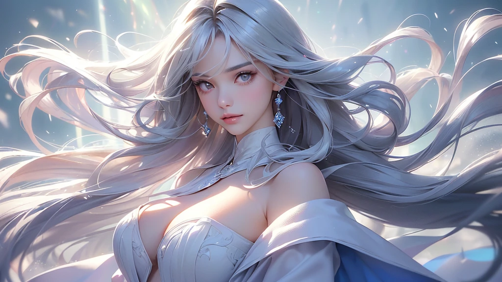 ((masterpiece:1.5、8k、Portraiture、フォトリアリスティックでVery detailedなCG、Very detailed、Particle Effects、Dynamic Effects、Shallow depth of field、Cinematic Light、Lens flare、Ray Tracing、Tabletop、Realistic:1.4、Ultra-high resolution:1.2、Realistic、Realistic))((alone、1 girl,A woman wearing a cashmere coat over an off-the-shoulder dress:1.4、Elegant woman posing、Detailed face、bright表情、young, bright, Whiter skin、Ample breasts、Best Looks、Ultimate beauty、Shiny silver hair with highlights、bright and shiny hair,、Super long, Silky straight hair、Hair dancing in the wind))(morning、The setting is outdoors in the snow、Surrounded by illuminations)Wear warm clothes