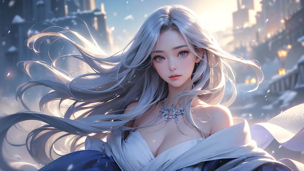 ((masterpiece:1.5、8k、Portraiture、フォトリアリスティックでVery detailedなCG、Very detailed、Particle Effects、Dynamic Effects、Shallow depth of field、Cinematic Light、Lens flare、Ray Tracing、Tabletop、Realistic:1.4、Ultra-high resolution:1.2、Realistic、Realistic))((alone、1 girl,A woman wearing a cashmere coat over an off-the-shoulder dress:1.4、Elegant woman posing、Detailed face、bright表情、young, bright, Whiter skin、Ample breasts、Best Looks、Ultimate beauty、Shiny silver hair with highlights、bright and shiny hair,、Super long, Silky straight hair、Hair dancing in the wind))(morning、The setting is outdoors in the snow、Surrounded by illuminations)Wear warm clothes