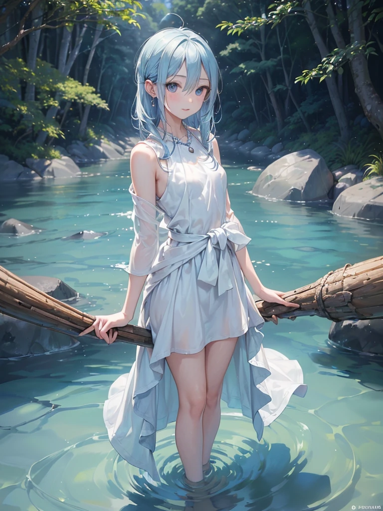 ((Biologically correct limb count)),(( From head to toe,Full-body photo including face)),4K,((Standing position)),masterpiece,((Focus on the face)),((Symmetrical facial features)),Eyes with detailed description,Beautiful woman,Great style,Beautiful arms,Beautiful legs,Beautiful Hands,(Small Ass,Thin thighs),Detailed depiction of the face,Small earrings,necklace,(White dress,((evening,Wading in the river up to the waist)),((blue blonde)),Realistic photo,Focus on the face