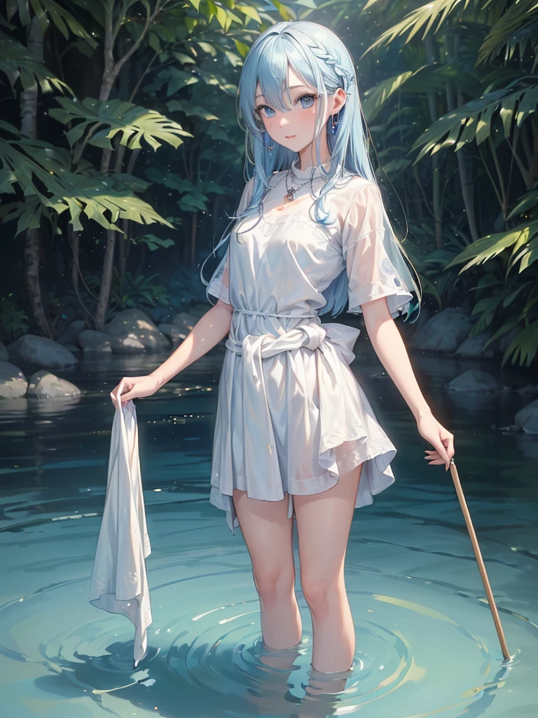 (solo cute  girl standing:1.2), (little), (long white hair:1.2) ,(very long legs), (thin legs), very short torso, BREAK, (open legs:1.2), tiptoe, pigeon toed, BREAK, high-waist skirt, (white sheer chemise), BREAK, (disproportionately huge breasts:1.4), perky breasts, cleavage, thin waist, (nose blush, smile for viewer:1.2), open mouth, BREAK, (forest), BREAK, (masterpiece, best quality, ultra-detailed:1.5)