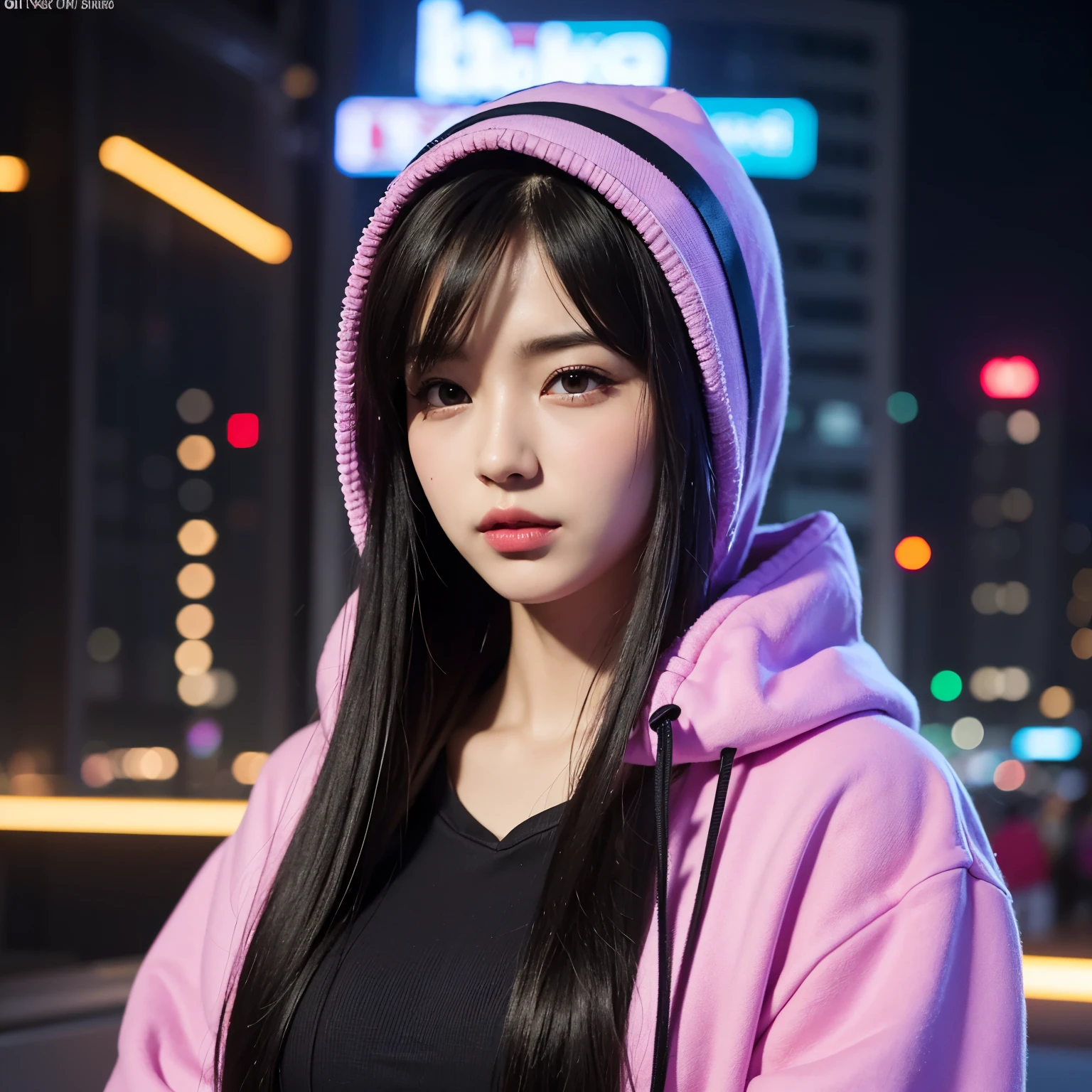 a beautiful woman that is looking at her modern cell phone, hyper detailed face, artwork in the style of guweiz, hyper-realistic cyberpunk style, realistic digital art 4k, realistic digital art 4k, beautiful digital artwork, photorealistic artstyle, beautiful girl in mix pink and purble hoodie, stunning digital illustration, classic style, hyperrealistic, realistic artstyle, dreamy fantasy girl, unbelievable, max resolution, 48K