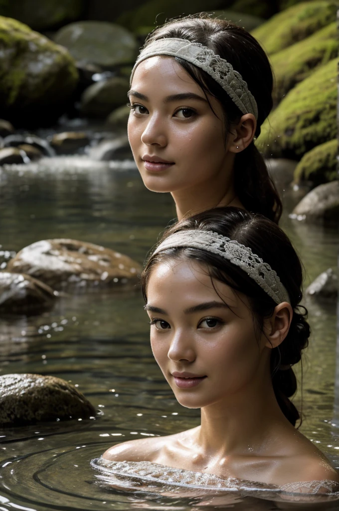 Best Quality, masterpiece, super high resolution, A super model submerged in hot springs in Japan., outdoor hot springs, stone hot springs, surrounded by moss and trees, super beautiful face, pure body, clear pores visible, (smile:0.8), using division (lace headband:1.2), (Realism:1.5), Photo original, soaked body, covered in sweat, bare shoulders, In the dark, deep shadows, low key, cold light
