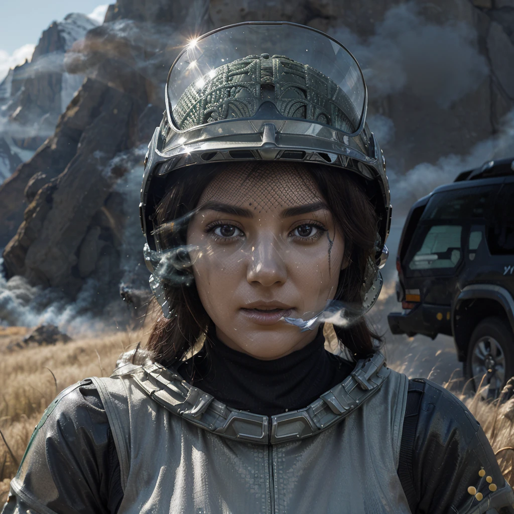 award-winning close-up photo of a woman (science fiction explorer:1.3) helmet with hexagonal glass visor, [Psycho-Style::10], next to a (accident vehicle:1.2), (smoke:1.4), looking towards a green alien planet, (mountains:1.2) (tall grass:1.2), rocks, Very detailed, good detail, (Intricate:1.3), (Lens flare:0.6), (backlighting:0.8), (bloom:0.8), shallow depth of field