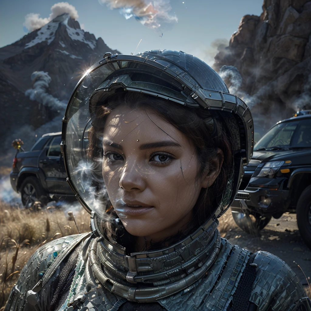 award-winning close-up photo of a woman (science fiction explorer:1.3) helmet with hexagonal glass visor, [Psycho-Style::10], next to a (accident vehicle:1.2), (smoke:1.4), looking towards a green alien planet, (mountains:1.2) (tall grass:1.2), rocks, Very detailed, good detail, (Intricate:1.3), (Lens flare:0.6), (backlighting:0.8), (bloom:0.8), shallow depth of field