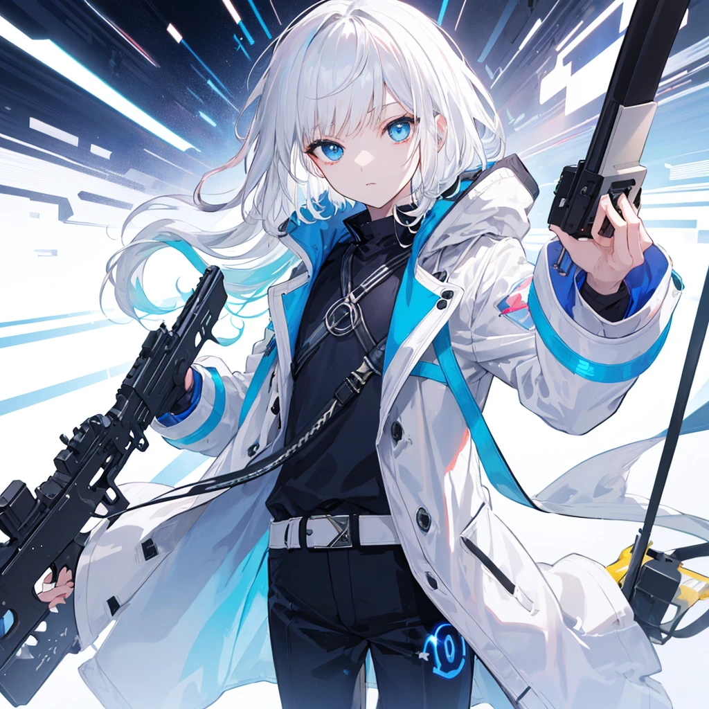 （masterpiece,Highest quality,Anime Style，Ray Tracing，)(Holographic Projection，White Hair，長いWhite Hair，Hair Straightening，Blue Eyes，blue and white trench coat，Futuristic design，Clothing of the future，Solo，Futuristic background，Cowboy Shot，With a gun in his hand
