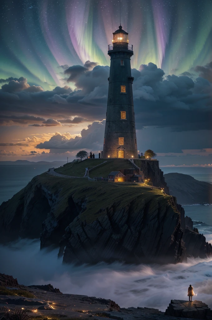 A lighthouse with a bright blue and purple aurora light above it on a cliff, Max Rive, fantasy art by Jessica Rossier, Marc Adamus, Lt. Alexander Kucharsky, beautiful digital artwork, magical colors and atmosphere, amazing wallpaper, beautiful wallpaper, magnificent background, Conceptual art, awesome atmosphere, Lt. Jessica Rossier, beautiful and aesthetic, dream matte painting, incredibly epic images