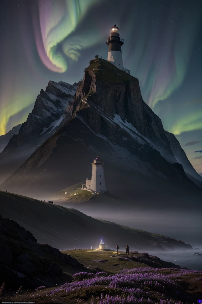 A lighthouse with a bright blue and purple aurora light above it on a cliff, Max Rive, fantasy art by Jessica Rossier, Marc Adamus, Lt. Alexander Kucharsky, beautiful digital artwork, magical colors and atmosphere, amazing wallpaper, beautiful wallpaper, magnificent background, Conceptual art, awesome atmosphere, Lt. Jessica Rossier, beautiful and aesthetic, dream matte painting, incredibly epic images