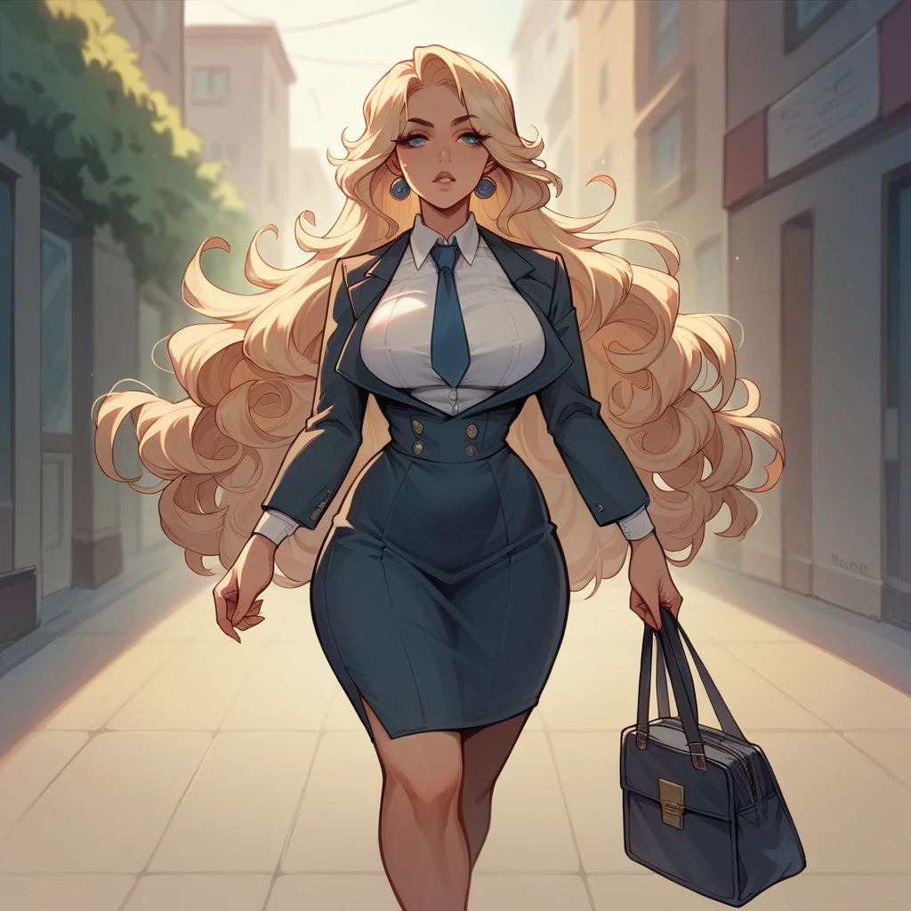 Beautiful woman 25 years old, not very high, long curly light blonde hair, Thin waist, big tits, well-shaped and large hips. She wears a secretary uniform with a tie, is walking down the street