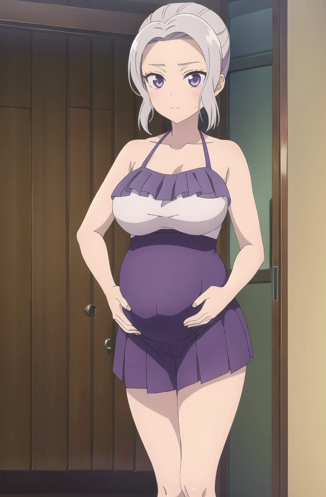 (extremely detailed CG unity 8k wallpaper), (masterpiece), (best quality), (ultra-detailed), (best illustration), (best shadow), (absurdres), 1girl, solo, shino, white hair, 1girl, solo, purple eyes, bikini, looking at viewer, top, mini skirt, shorts, anime, mirror selfie, holding phone, pregnant belly, huge pregnant, purple nails, belly