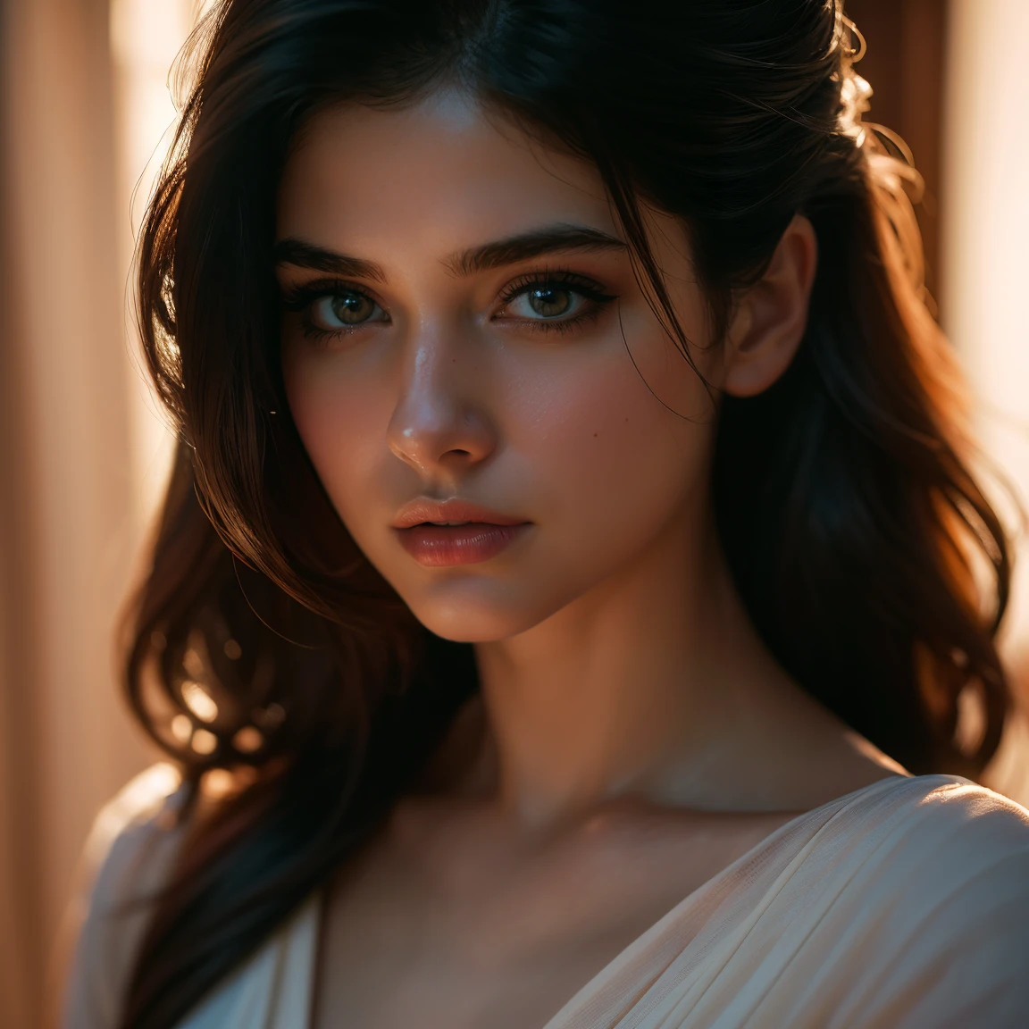 (((ultra realistic))) Photo, masterpiece, top quality, (pale skin), (Ultra detailed face and eyes:1.3), 1 girl(Indian beautiful girl), , round neck a shirt, (Eye makeup, mascara) , ((large detailed lips)), ((ash wavy long hair)), ((Chyolka)) , . ((Posing)), photoshoot, studio (soft lighting), (The play of light and shadows), depth of field, bokeh, (special attention to skin detail: 1.2), Detailed leather texture, skin pores. (Airy atmosphere of the frame. Color range - delicate, Bright, white, Pink tones), UDR, ((Film grain)), ((rays)), ((glare of the sun)), ((waist up portrait, close to the camera)) , ultra detialed,