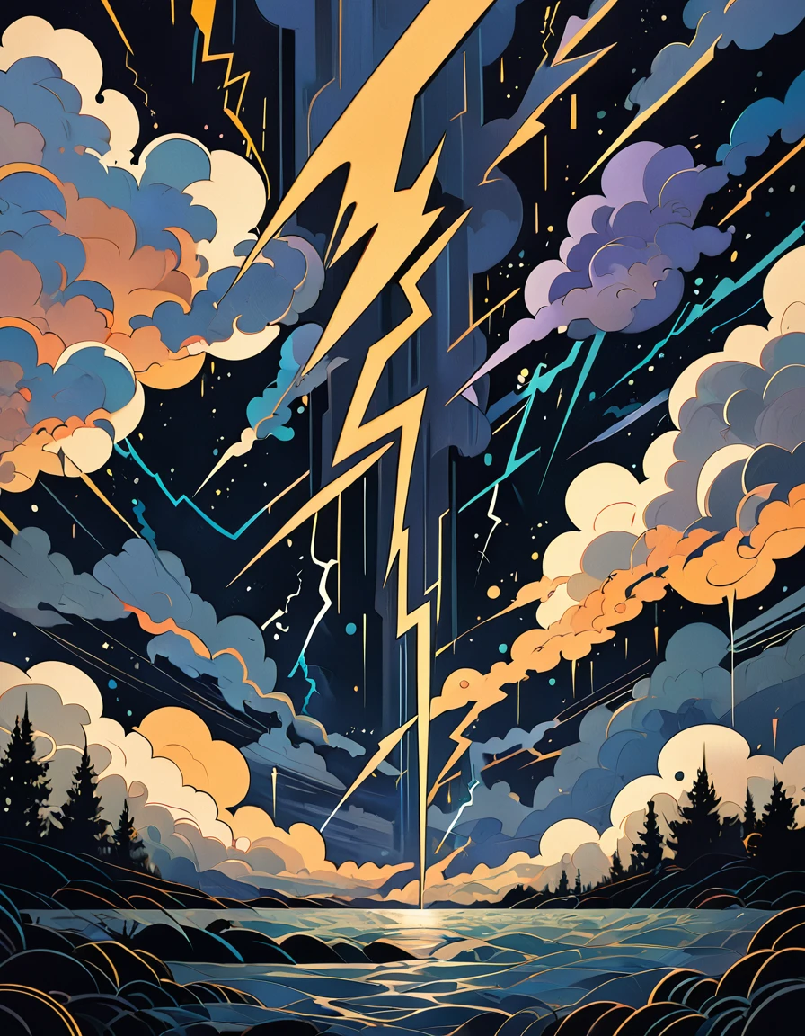 art painting art deco lightning bolt in dark cloudy sky surreal