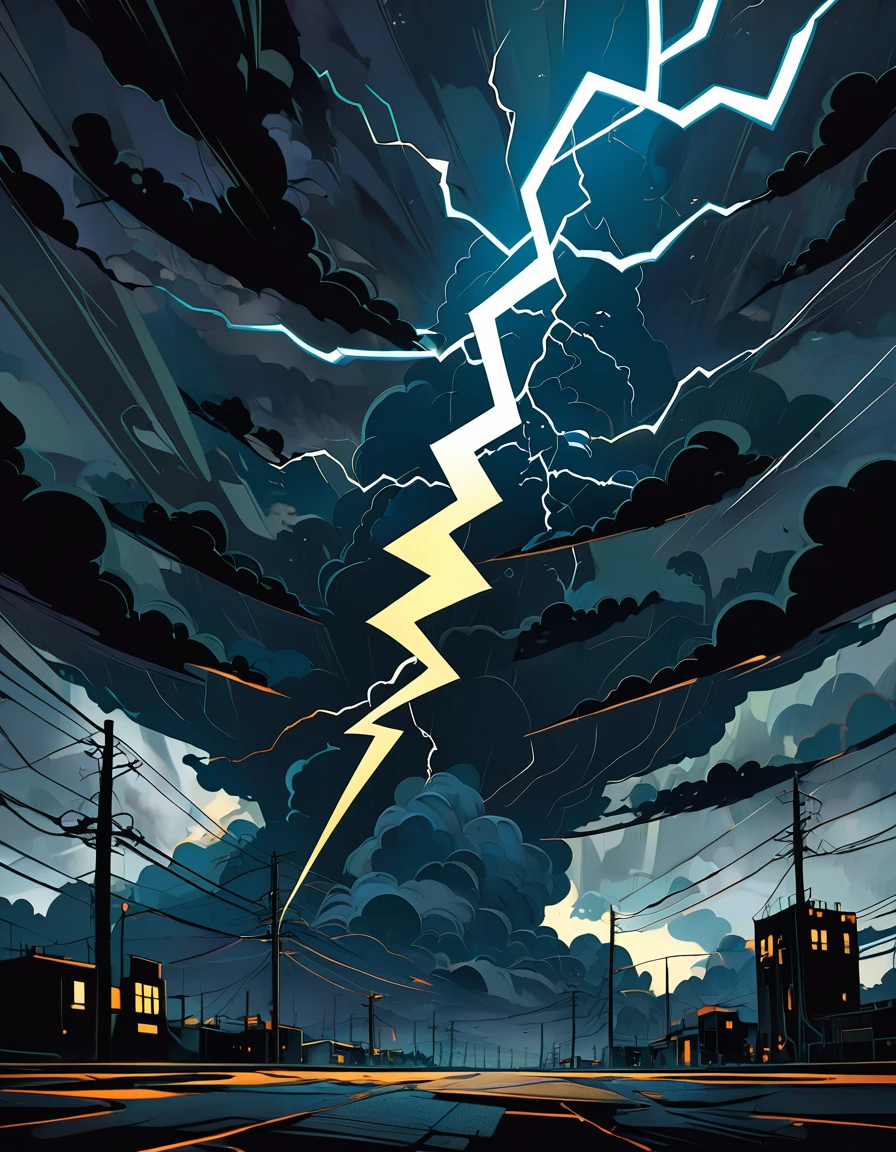 art painting art deco lightning bolt in dark cloudy sky surreal