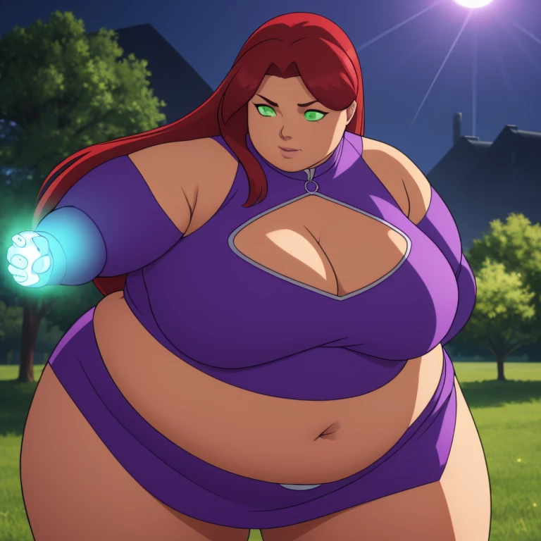 Photorealistic, Ultra realistic, 16k, high quality, cinematic lights, dream atmosphere, dream aesthetic, 1fatgirl, red-scarlet hair, (realistic silky hair), StarfireDC, glowing green eyes (shining), long flowing hair(red), tanned skin illuminated, realistic textured skin, realistic shading, glowing eyes tan skin, cleavage, large natural breasts, (purple crop top:1.2), bare shoulders, midriff, purple miniskirt, purple thighhighs, realistic textures, belt, 16k resolution, detailed face and eyes, female body plus, SSBBW, strong arms, lean big belly, strong hips, muscular thighs, thick legs, body plus, realistic, flying through the air, glowing balls of energy in her hands, style-paintmagic, different positions at different types of angles. 