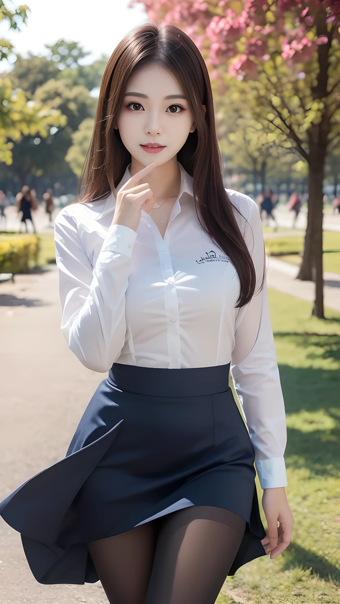 ulzzang-6500-v1.1, (RAW Photos:1.2), (Photorealistic), (Genuine:1.4), 1girl、Perfect Anatomy、20 years old、Looking at the camera、Medium Long Hair、uniform、dress, (( in the park :1.2))、(Ultra-realistic pantyhose:1.2), (Business services)、Asian Eyes Ella,
