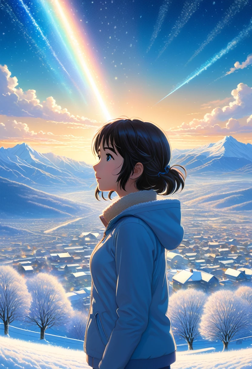 A stunning pencil drawing homage to Makoto Shinkai's "Your Name," featuring a serene winter panorama with snow-covered fields stretching to the horizon. A girl gazes upwards at the brilliant blue sky, her expression reflecting awe and beauty. The scene is filled with ling light particles, creating a majestic and high-quality masterpiece.