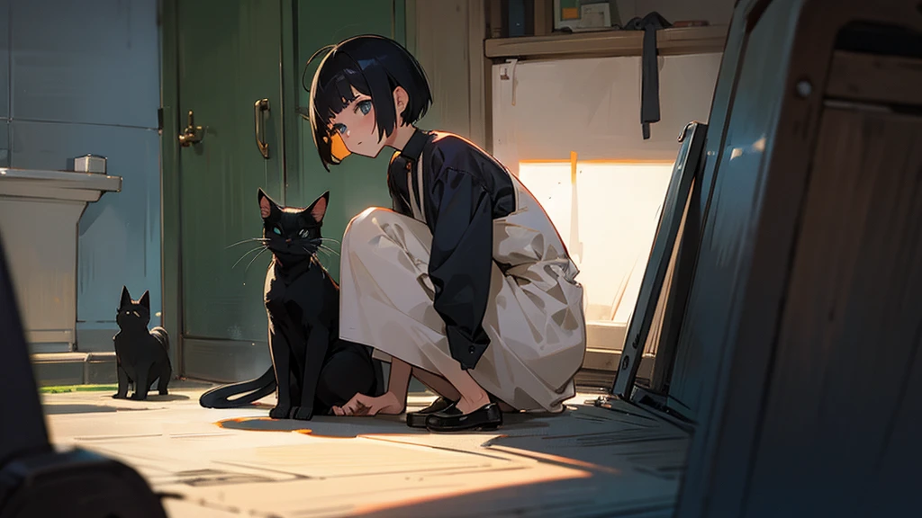 1 female, Accompanied by a cat, short hair, Black cat