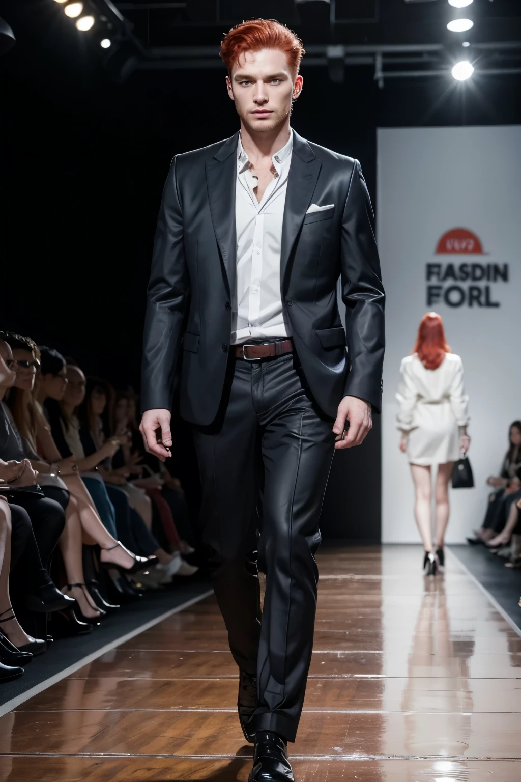 Red-haired man walking in a fashion show