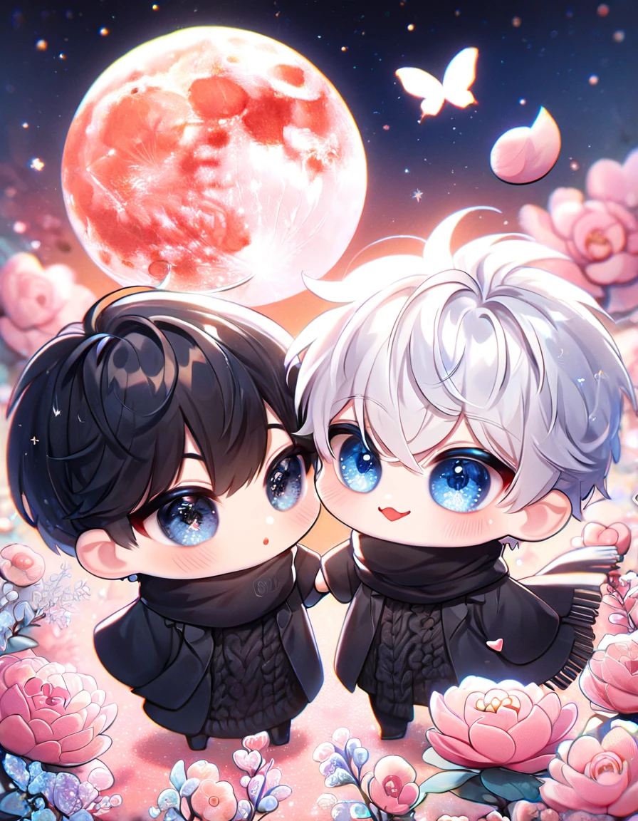 absurdres, highres, ultra detailed, HDR, master piece, best quality, extremely detailed face, delicated features, Kang Woojin chibi, black hair, messy hair, expressive dark blue eyes, Love Jinx, Gojou Satoru chibi, white hair, expressive blue eyes, white eyelashes, two boys together, gay couple, yaoi, cute, black coat, black sweater, black scarf, fantasy, magical, radiant, blossoms, pink flowers, pink butterflies, starry night, shining pink moon