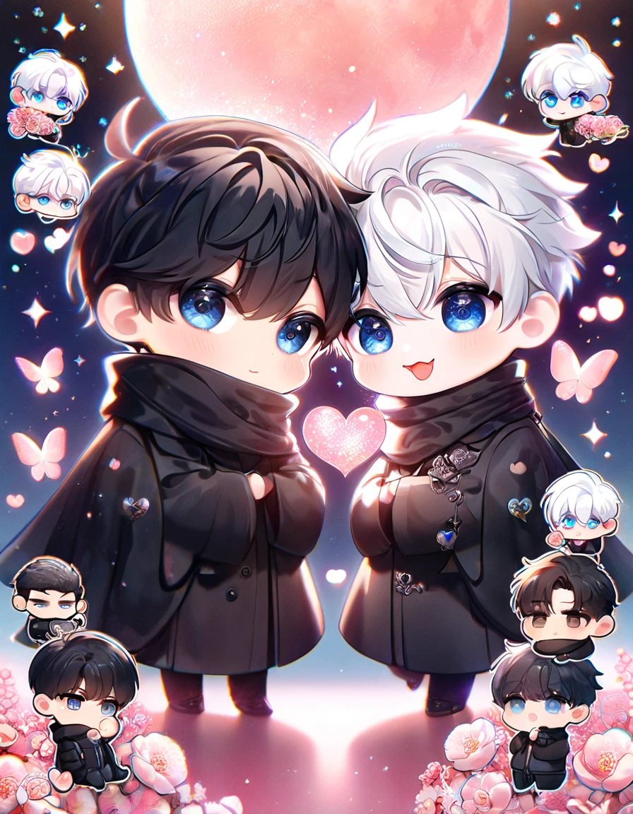 absurdres, highres, ultra detailed, HDR, master piece, best quality, extremely detailed face, delicated features, Kang Woojin chibi, black hair, messy hair, expressive dark blue eyes, Love Jinx, Gojou Satoru chibi, white hair, expressive blue eyes, white eyelashes, two boys together, gay couple, yaoi, cute, black coat, black sweater, black scarf, fantasy, magical, radiant, blossoms, pink flowers, pink butterflies, starry night, shining pink moon