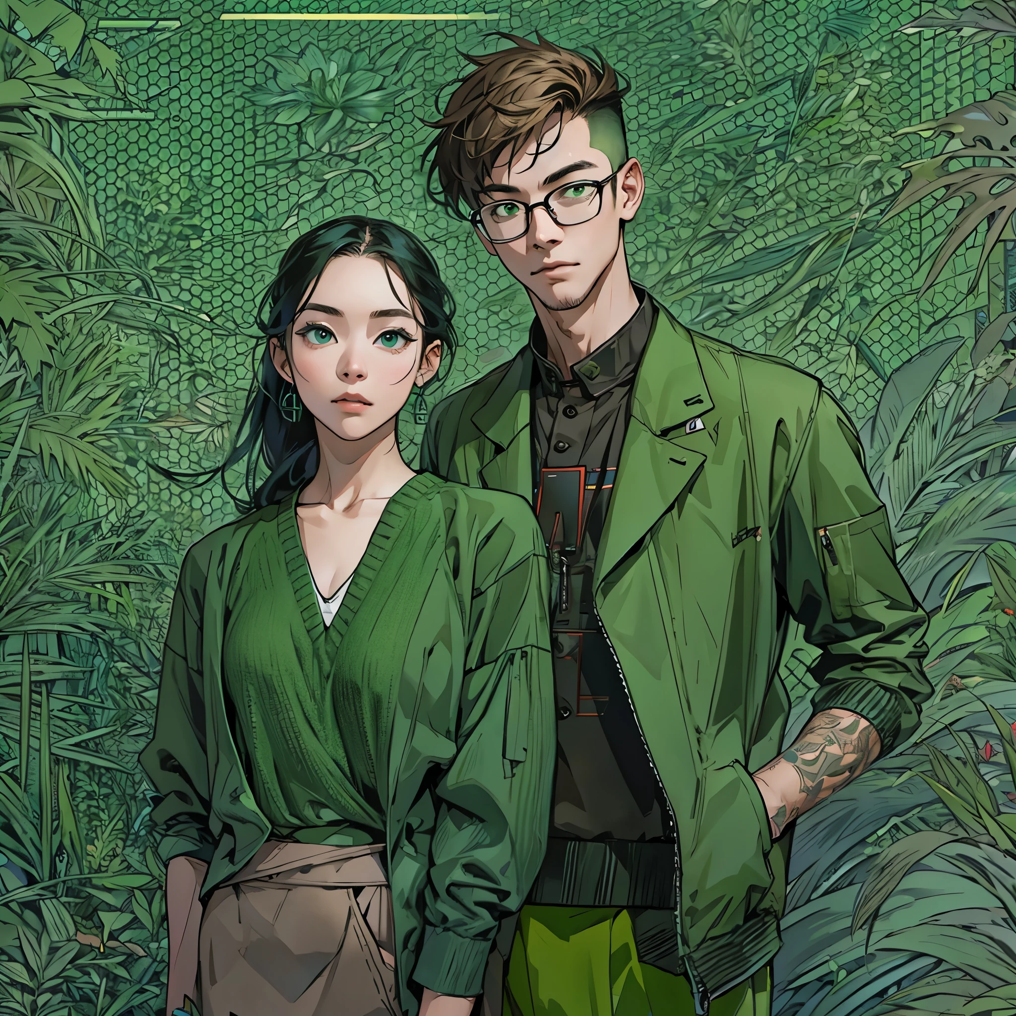 Inspired by the proponent of MBTI、Create an image of a man and a woman wearing green clothes。Be original and creative、Make the image stylish and cool。