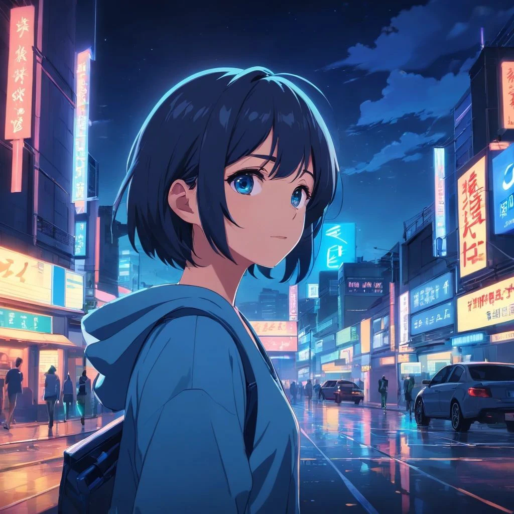 Blue neon city at night