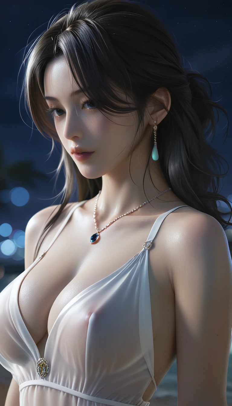 score_9, score_8_superior, score_7_superior, Masterpieces with up to 16K resolution,Highest quality,it is really amazing,Very detailed,Ultra-high resolution,(Ultra-realistic:1.1),(Realistic:1.1),Increased depth of field,Cinematic lighting,
Elegant Japanese MILF,
Long black hair,Ultra-detailed and beautiful faces,Translucent white skin,Very detailedな肌,
(Elegant swimwear:1.1),
Bold design,Artistic design,Beautiful and detailed pattern,Detailed fabric texture,
Gorgeous necklace,Earrings,
(In the Dark:1.1),(Night Coast:1.1),(Deserted beach:1.1),(A pitch black night sky with dark clouds:1.1),
(Dramatic Angle:1.2),