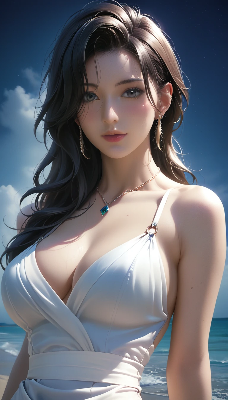 score_9, score_8_superior, score_7_superior, Masterpieces with up to 16K resolution,Highest quality,it is really amazing,Very detailed,Ultra-high resolution,(Ultra-realistic:1.1),(Realistic:1.1),Increased depth of field,Cinematic lighting,
Elegant Japanese MILF,
Long black hair,Ultra-detailed and beautiful faces,Translucent white skin,Very detailedな肌,
(Elegant swimwear:1.1),
Bold design,Artistic design,Beautiful and detailed pattern,Detailed fabric texture,
Gorgeous necklace,Earrings,
(In the Dark:1.1),(Night Coast:1.1),(Deserted beach:1.1),(A pitch black night sky with dark clouds:1.1),
(Dramatic Angle:1.2),