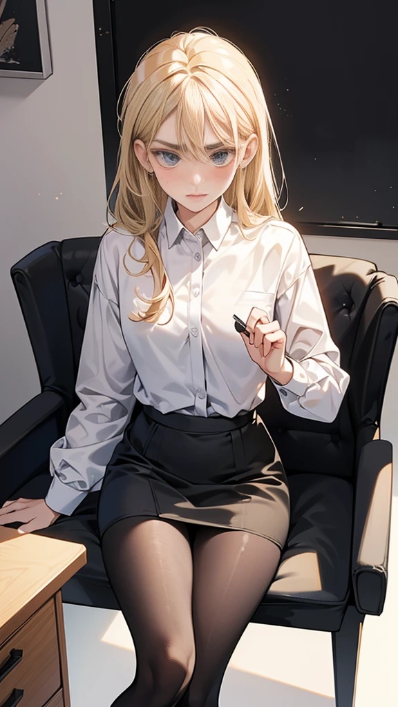 (masterpiece, best quality), a young black haired girl office secretary dressed in a transparent white blouse and black office skirt and black pantyhose ,sitting in an office chair, holding pencil, (detailed skin:1.3),(detailed eyes), (sharp focus), <lora:add_detail:1>