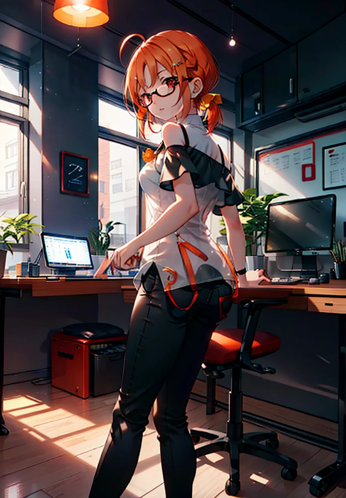 Takahai Chige,Orange Hair,Red eyes,smile,Long Hair,Ahoge,Cold Shoulder Shirt,Short sleeve,skinny pants,Stiletto heels,Black-rimmed glasses,interior,There is a computer on the table,Walking,whole bodyがイラストに入るように,Daytime,Clear skies,　　　　 　　　　　　　　　　　　break indoors, office, 　　　　　　　　　　　break looking at viewer, whole body, 　　　　　　　　break (masterpiece:1.2), Highest quality, High resolution, unity 8k wallpaper, (shape:0.8), (Beautiful attention to detail:1.6), Highly detailed face, Perfect lighting, Extremely detailed CG, (Perfect hands, Perfect Anatomy),