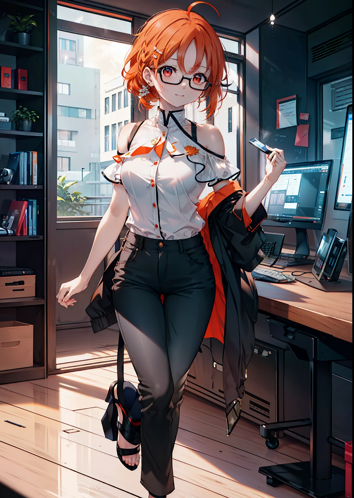 Takahai Chige,Orange Hair,Red eyes,smile,Long Hair,Ahoge,Cold Shoulder Shirt,Short sleeve,skinny pants,Stiletto heels,Black-rimmed glasses,interior,There is a computer on the table,Walking,whole bodyがイラストに入るように,Daytime,Clear skies,　　　　 　　　　　　　　　　　　break indoors, office, 　　　　　　　　　　　break looking at viewer, whole body, 　　　　　　　　break (masterpiece:1.2), Highest quality, High resolution, unity 8k wallpaper, (shape:0.8), (Beautiful attention to detail:1.6), Highly detailed face, Perfect lighting, Extremely detailed CG, (Perfect hands, Perfect Anatomy),