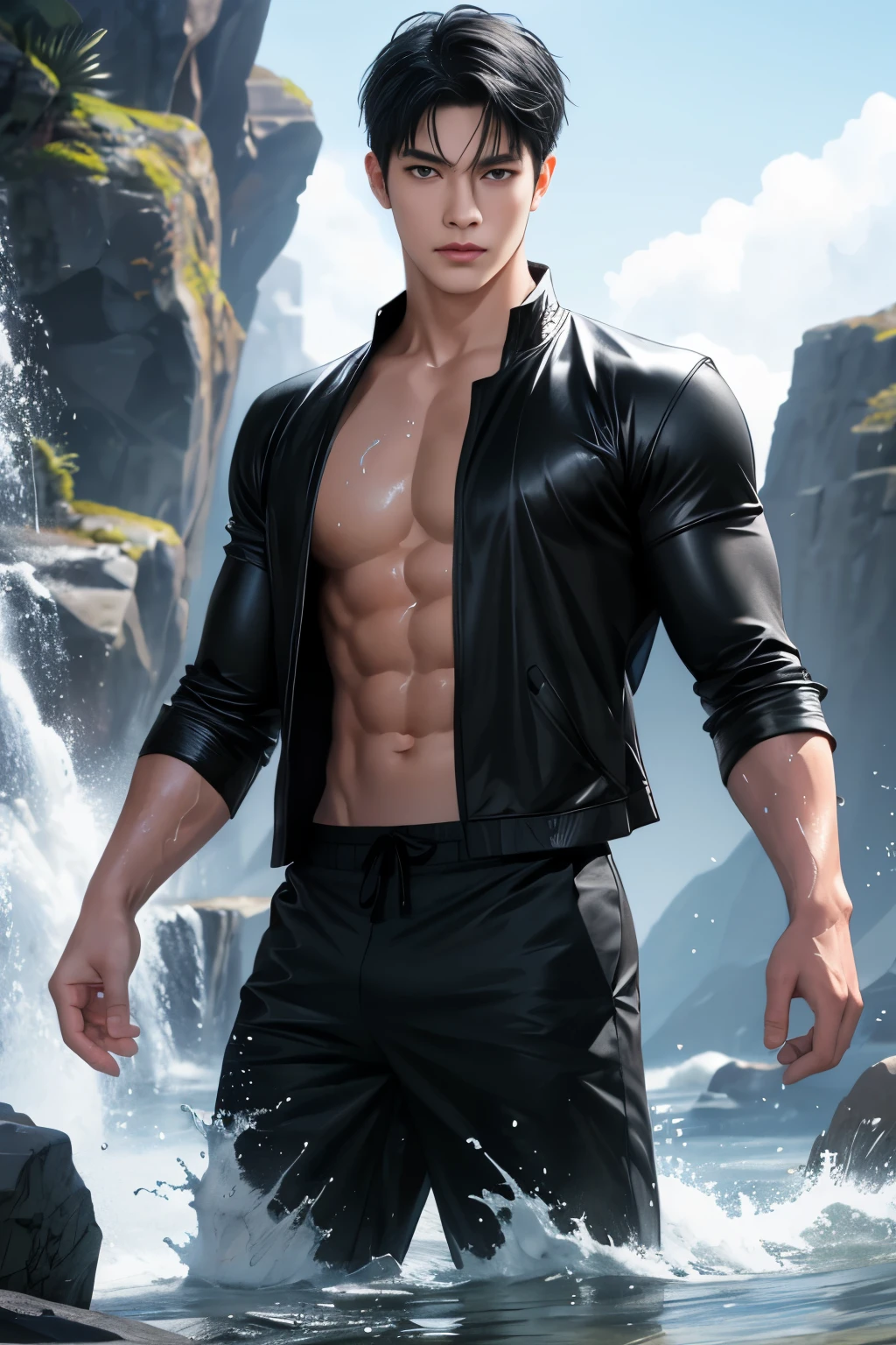 black hair boy, blue eyes, muscular, hot and sexy sweaty body, shirtless, wearing black pants, barefoot standing, soggy