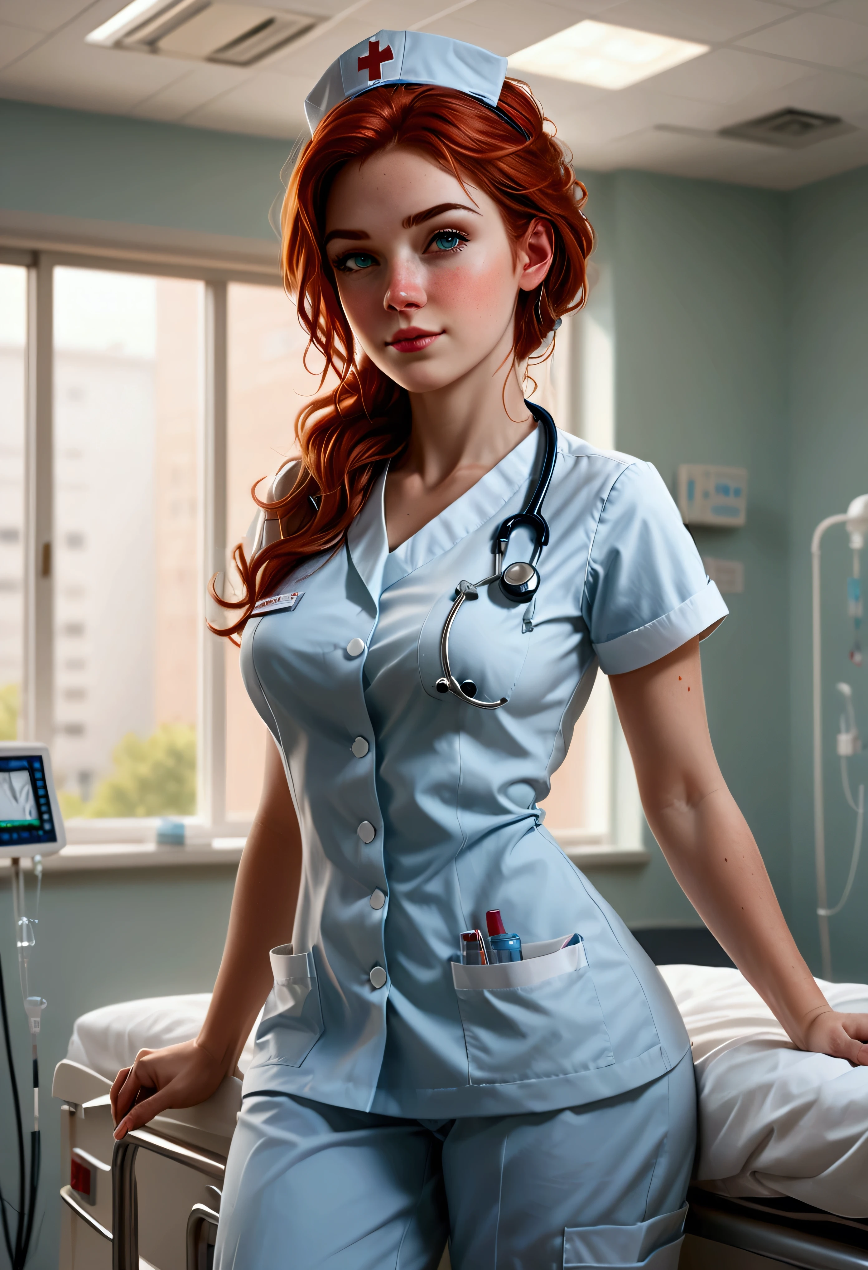 Create a stunning, ultra-high-definition image in 16K resolution that captures the serene and professional atmosphere of a modern hospital room with a realistic photo aesthetic. | Visualize a beautiful female nurse with cute freckles and vibrant red hair, embodying both kindness and competence. She has warm, expressive green eyes and a natural beauty that shines through her caring demeanor. She is dressed in a stylish yet practical nurse's outfit, featuring a crisp white uniform with light blue accents, a name tag, and comfortable, clean shoes. Her attire should blend traditional medical elements with subtle contemporary touches. | The scene is set in a bright and clean hospital room with advanced medical equipment, a patient bed, and large windows letting in natural light. The walls are painted in calming pastel colors, and the environment exudes a sense of calm and professionalism. | Capture the nurse in a dynamic yet gentle pose, perhaps with one hand holding a clipboard and the other adjusting an IV drip, as she attentively cares for a patient. Her expression should convey a mix of compassion and focus, with a hint of warmth. The camera angle should emphasize her full body, highlighting the details of her uniform and her attentive, nurturing presence. | The overall ambiance should integrate soothing colors and rich details, creating a sense of depth and immersion in this modern medical setting. Ensure anatomical correctness, with a focus on ultra-detailed textures and high-quality rendering, capturing every nuance of the nurse's appearance and her professional surroundings. This masterpiece should embody the spirit of care and dedication, immersing viewers in its lifelike depiction. | Keywords: (beautiful female nurse:1.3), ((realistic photo)), ((cute freckles):1.2), ((modern hospital)), ((attentive pose)).
