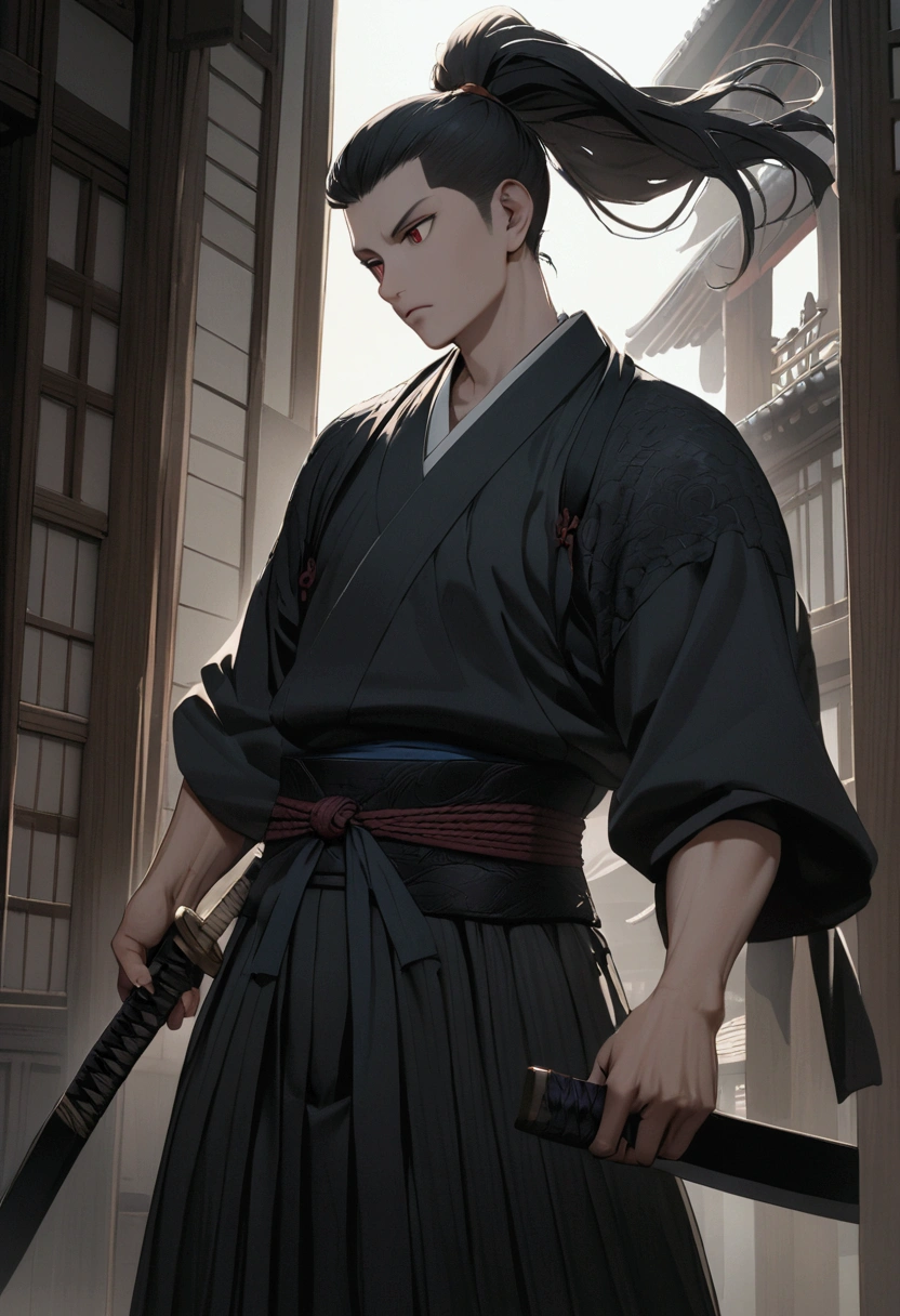 samurai　Japanese　Slit eyes　Beardless　Long black hair tied back in a ponytail　Holding a Japanese sword　